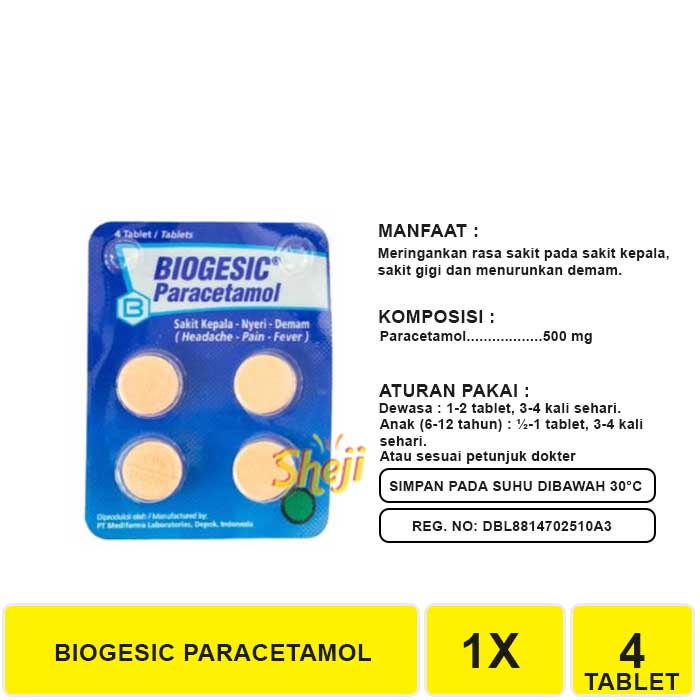 Biogesic 500mg 4 Tablet / Demam / Sakit Kepala / Nyeri / Sakit Gigi