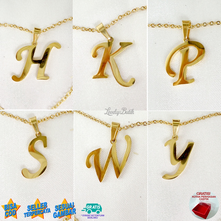 Lovelybutik Kalung Titanium Inisial Abjad Latin4 Kalung Alfabet Huruf H,K,P,S,W,Y Bahan Titanium Warna Emas Bonus Kotak Perhiasan