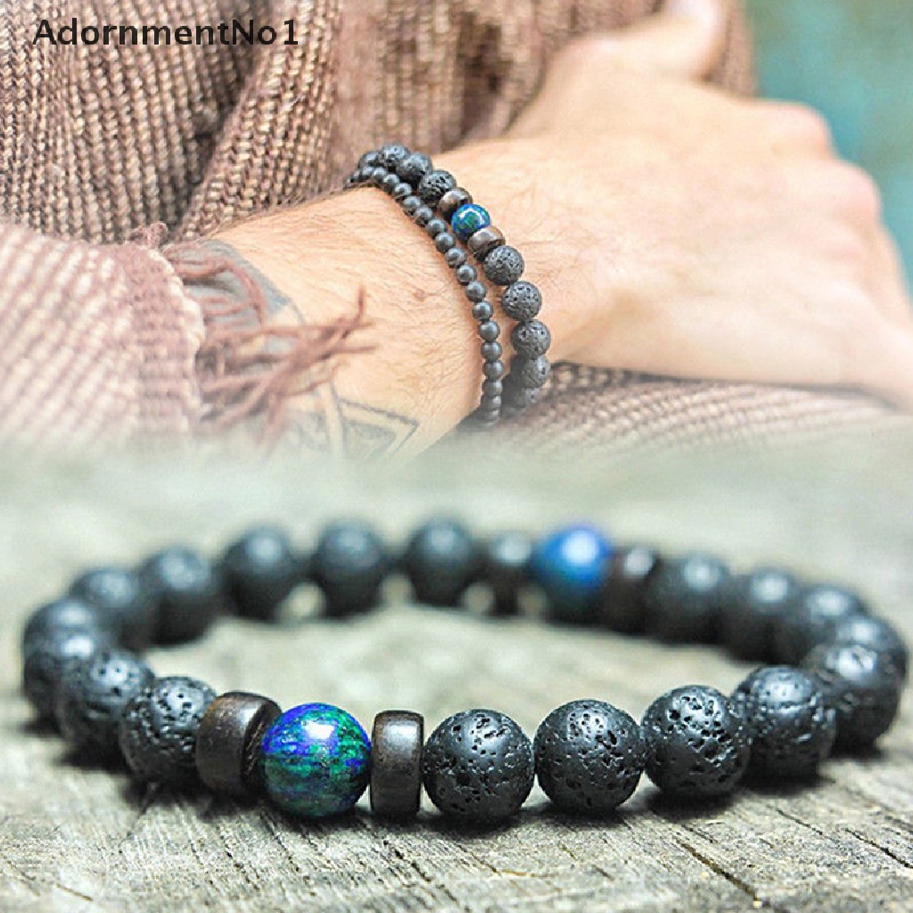 (AdornmentNo1) Gelang Tangan Manik-Manik Batu Lava Rock Chrysocolla Untuk Pria / Yoga