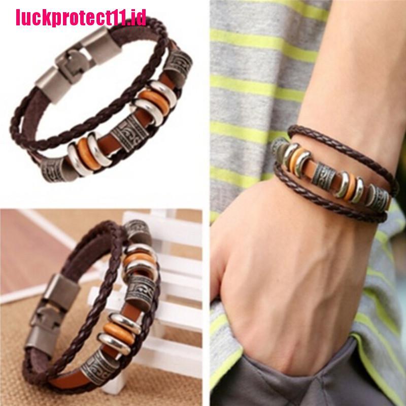 (LUCK) Gelang Tangan Kulit Coklat Handmade Gaya Punk Retro Untuk Pria
