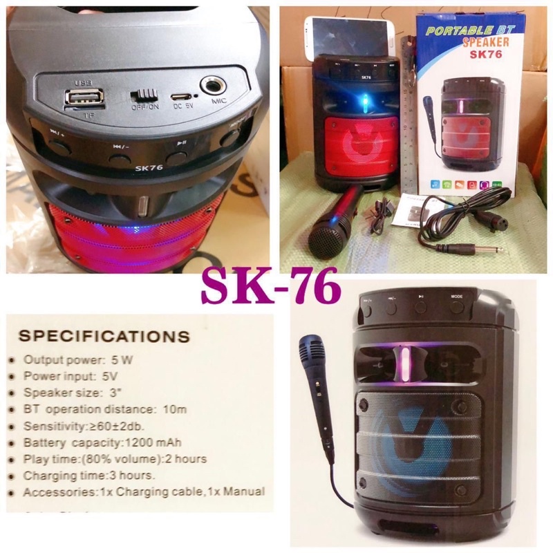 Speaker Bluetooth SK-76+Mic Karaoke LED Sk76
