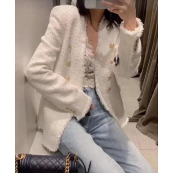 white tweed blazer labeltag