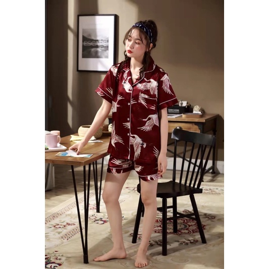 SD Piyama Satin Lengan Pendek Celana Pendek Import Quality-sd Maroon Swan