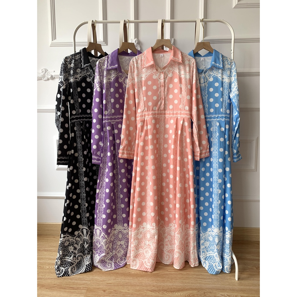 Gita Maxi Polkadot Dress with Belt / Gamis BKK Import Motif Polkadot Busui Friendly