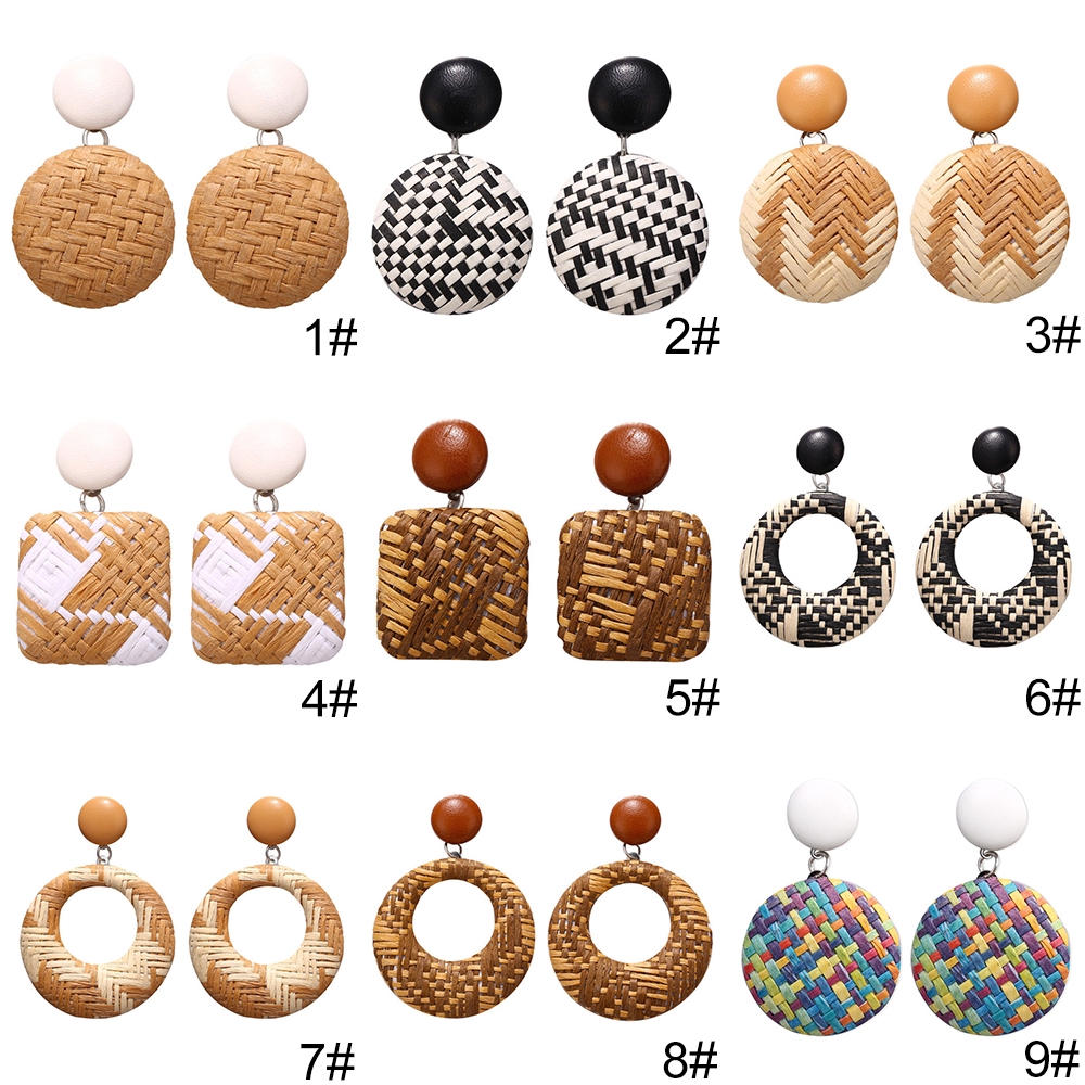 Geometric Rattan Weave Round Square Hollow Drop Female Hoop Earring Jewelry