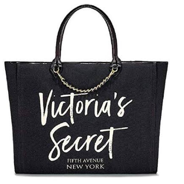 VICTORIA SECRET Black Angel City Gold Chain Tote Bag