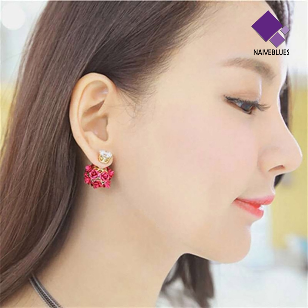 Anting Stud Bentuk Bunga Mawar Bahan Alloy Aksen Berlian Imitasi