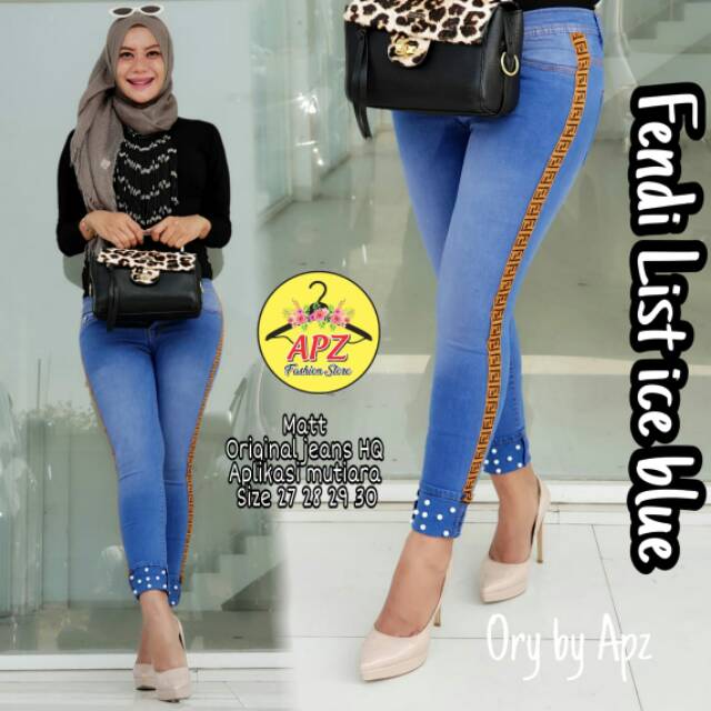 FENDI LIST ICE BLUE celana jeans HQ aplikasi mutiara ORIGINAL by APZ store ( size 27-30 )