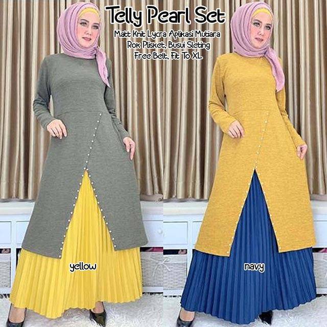 TELLY PEARL SET, Matt Knit Lycra Aplikasi Mutiara