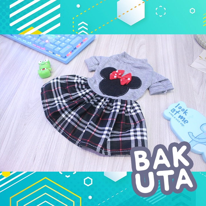 Dress kotak-kotak abu-abu motif Mini mouse terbaru baju kucing dan anjing / baju kucing murah size S-XL