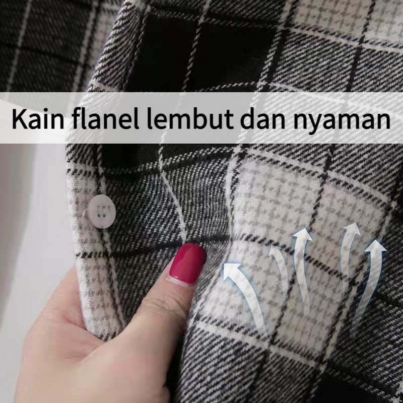 Kemeja Flanel Kotak Kotak Kemeja Oversize Model Longgar Hitam Wanita Casual Lengan Panjang