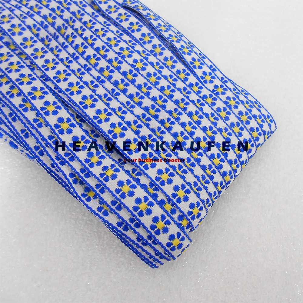 Pita Renda Lebar 1 cm Motif Bunga Biru - Kuning Per Rol isi 22 Meter Renda Tepi Mukena Taplak Dll