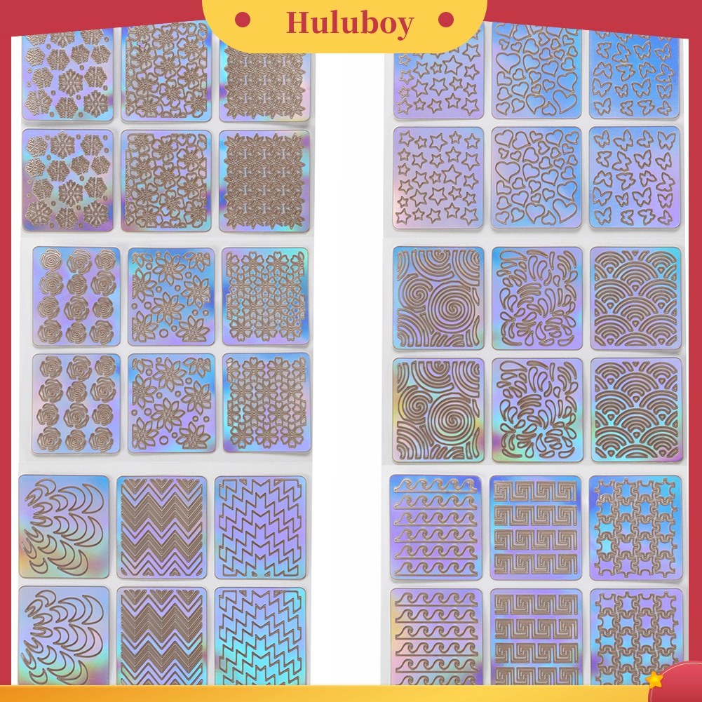 Huluboy Huluboy♡ 12 Lembar Cetakan Stempel Kuku Motif Garis Gelombang Hollow Untuk Manicure