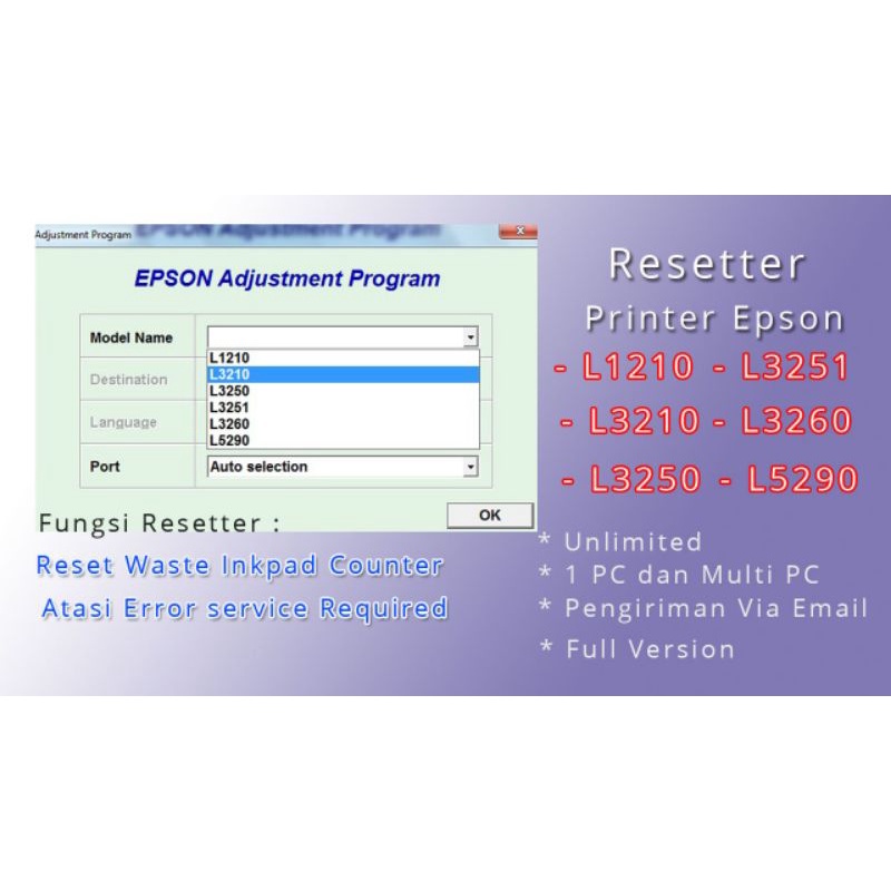 Resetter Epson L1210  L3210 L3250 L3251 L3260 L5290