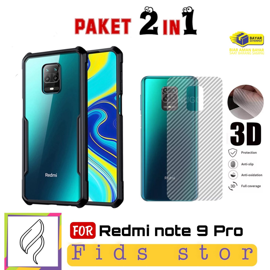 PROMO 2in1 CASE XIAOMI Redmi Note 9 Pro ShockProof Transparan Bonus GARSKIN Carbon Anti Jamur