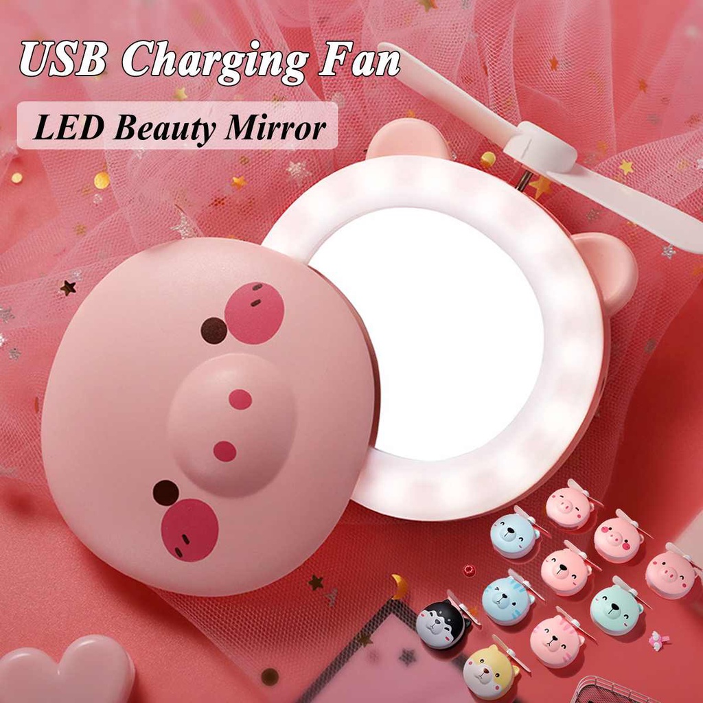 [COD] MIAO Kipas Angin Mini Portable 3in1 Cermin Rias Mini + Kipas + Lampu USB dengan Karakter Lucu l Biru &amp; Pink