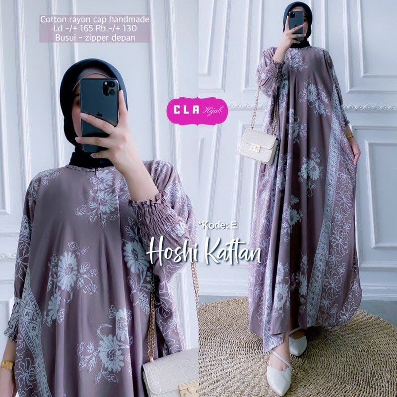 Gamis Rayon Kaftan Wanita Jumbo Cap Encim Motif Hoshi Kaftan Warna Soft Busui Resleting Rayon Tebal / Gamis Arab Kaftan