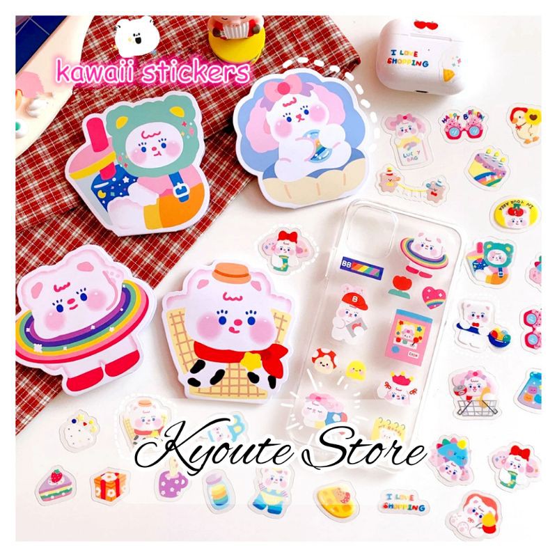 

45 pcs Cute Bear Sticker PVC Dekorasi Waterproof Scrapbook DIY Bujo Jurnal Craft HP