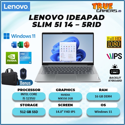 LAPTOP LENOVO IDEAPAD SLIM 5i 14 MX550 2GB INTEL I5 1235U 16GB 512SSD  WINDOWS11 FREE OHS 14.0FHD IPS BLIT GARANSI 2 TAHUN