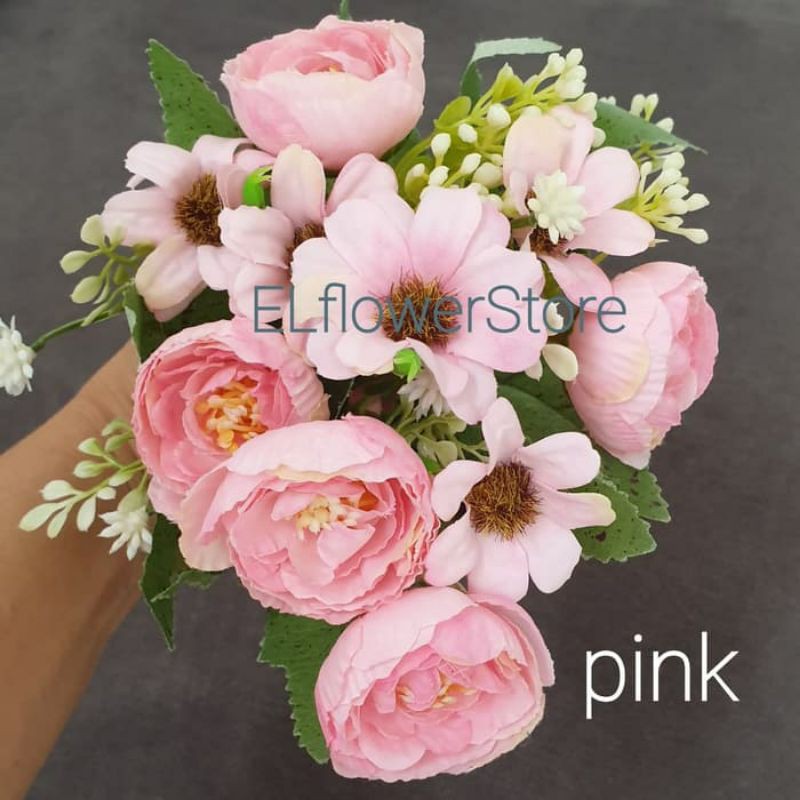 PEONY 5 kuntum + aster 5 kuntum + 5 babybreath BUNGA ARTIFICIAL PALSU Dekorasi-pink