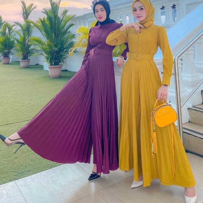 9098 Baju Maxi long jumpsuit jamsuit jampsuit panjang plisket  ungu pink hitam polos Korean style wa