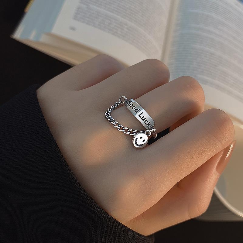 2 Pcs Unisex Vintage Ancient Silver Color Happy Smiling Face Open Rings for Women Hip Hop Good Luck Letter Adjustable Ring Jewelry