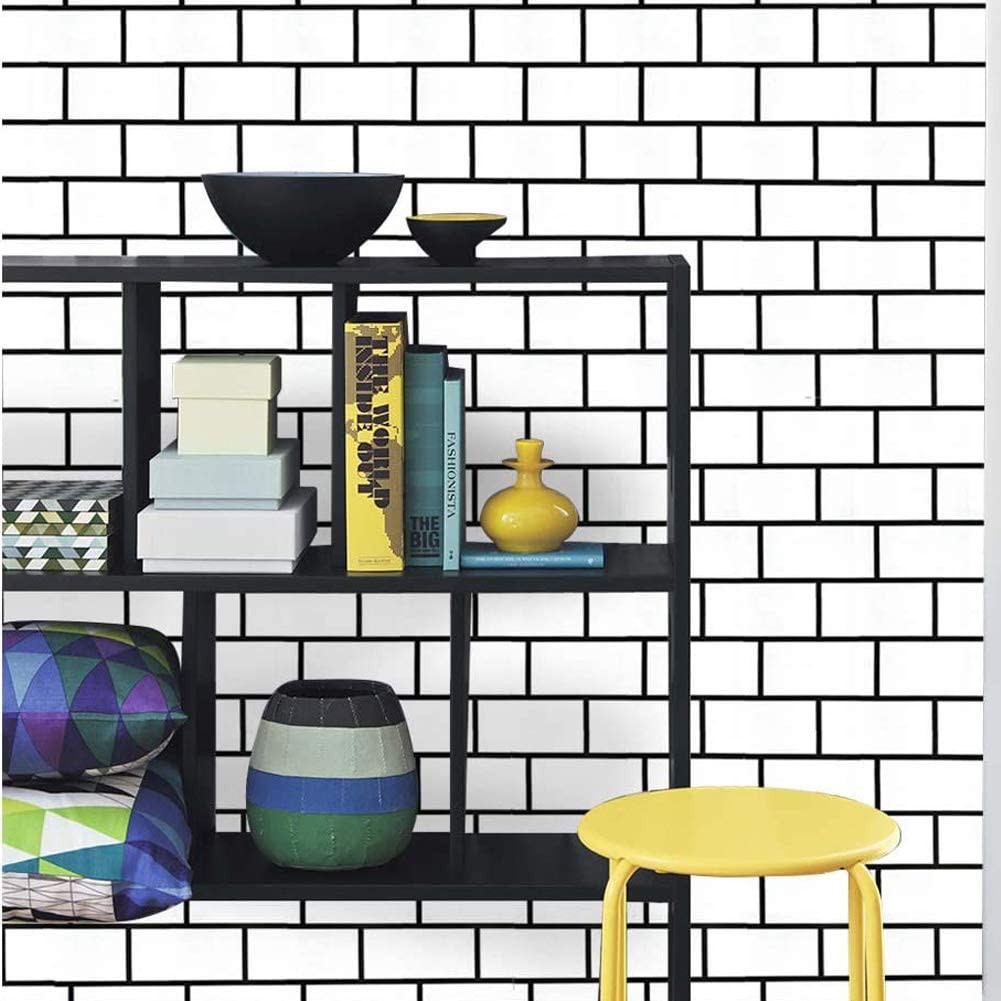 wallpaper stiker dinding motif bata putih list hitam