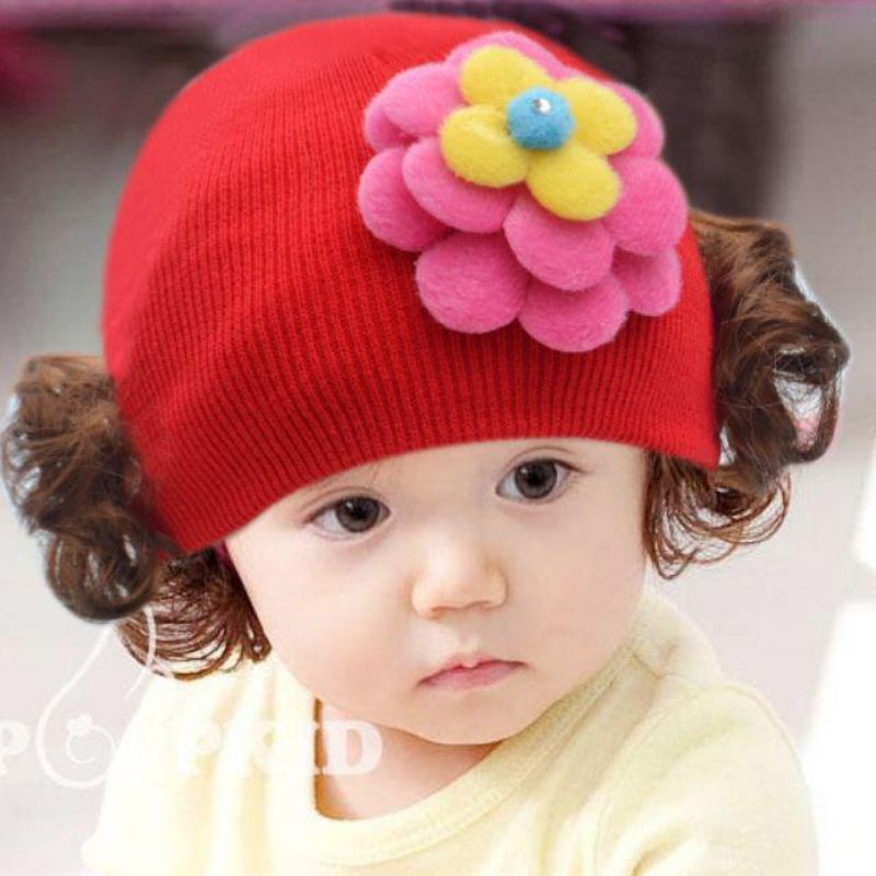 Topi Rajut Bayi Perempuan Kupluk Dengan Rambut Palsu Wig pendek 1-5 tahun