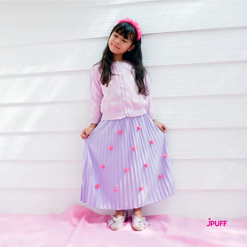 Rok Plisket Anak Perempuan Pompom - Rok Prisket atau Pleated Skirt JPUFF Untuk Umur 3 4 5 6 7 8 9 10