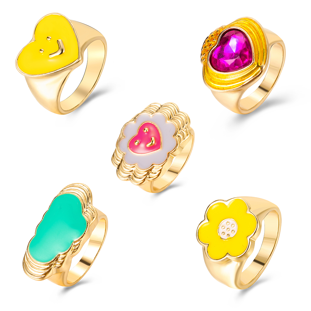 5pcs / Set Cincin Motif Kartun Aksen Kristal Warna-Warni Untuk Wanita