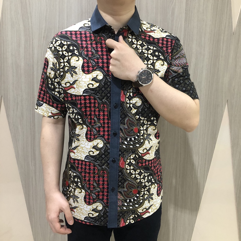 [GRIDLINE - R103 White Red] Kemeja Batik Pria Katun Lengan Pendek Regular Modern Adem Casual