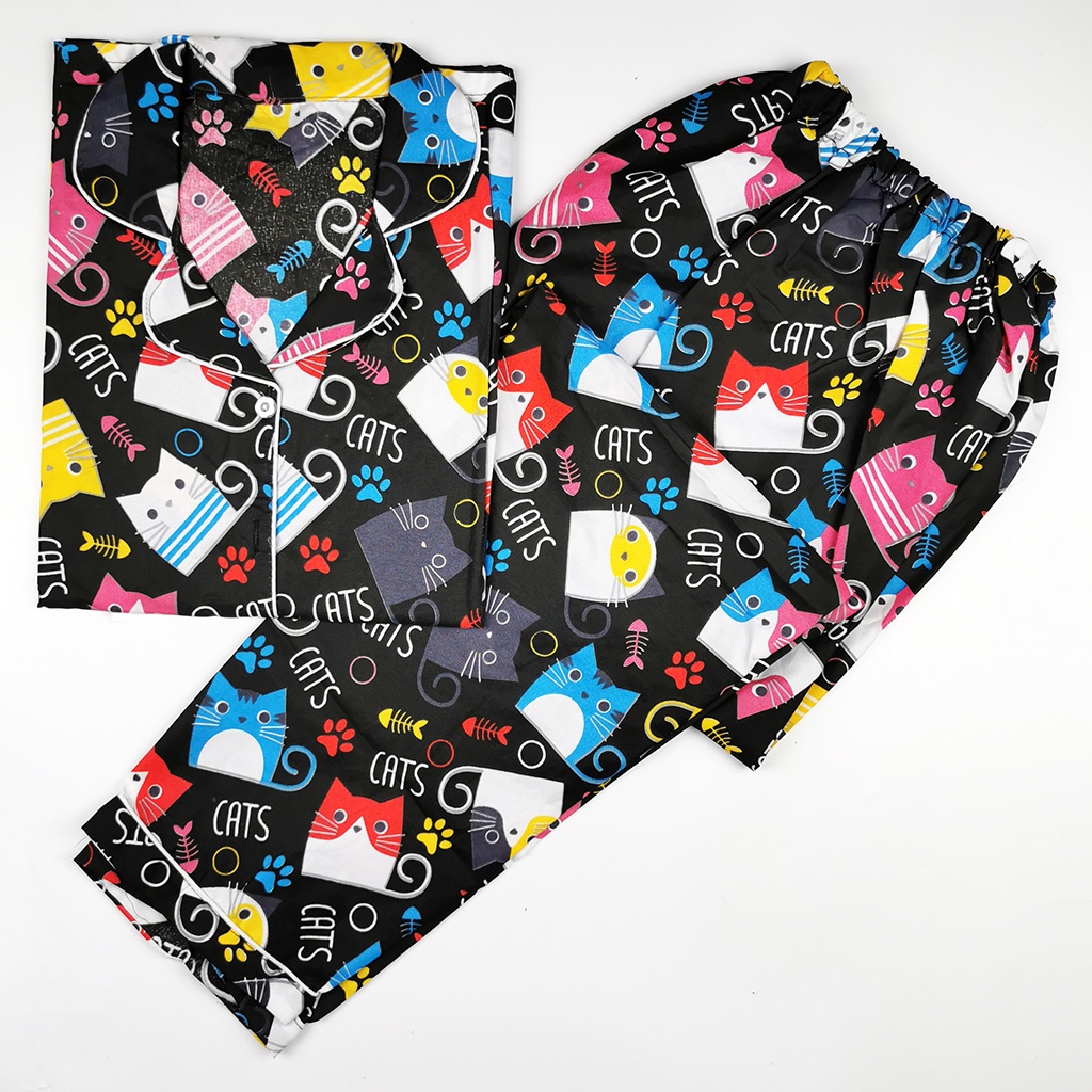 Baju Tidur Piyama Wanita Dewasa Setelan CP Motif Trendy-CPL CATS BLACK