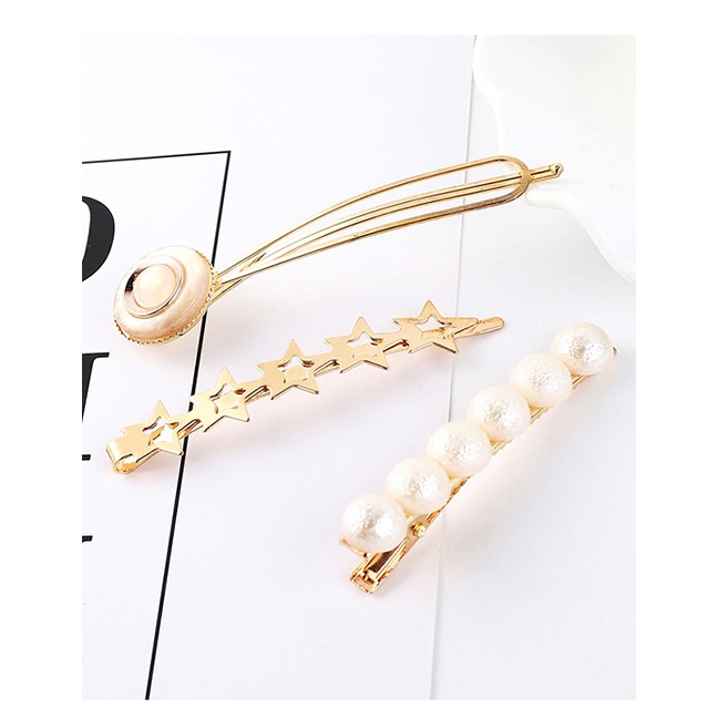 LRC Jepit Rambut Fashion Gold Alloy Pearl Five Star Hairpin Set Y61874