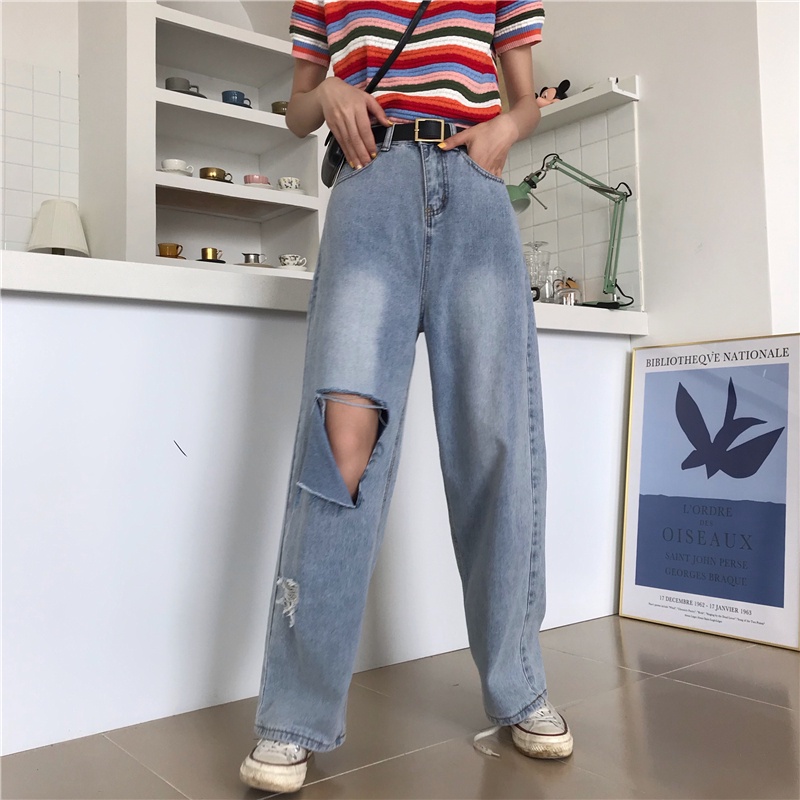 NEW KOREAN PREMIUM RIPPED LOOSE SOBEK BIRU CELANA JEANS WANITA