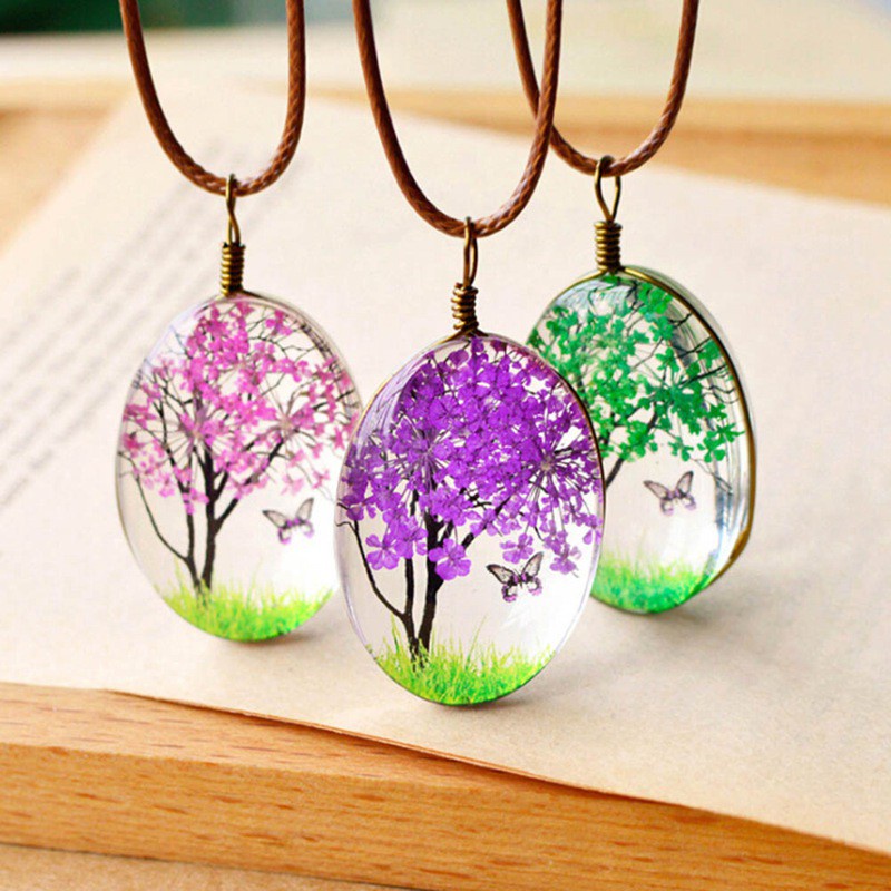 Women'S Lifelike Tree Of Life Oval Shape Amber Pendant Necklaces Handmade Glass Plant Necklace