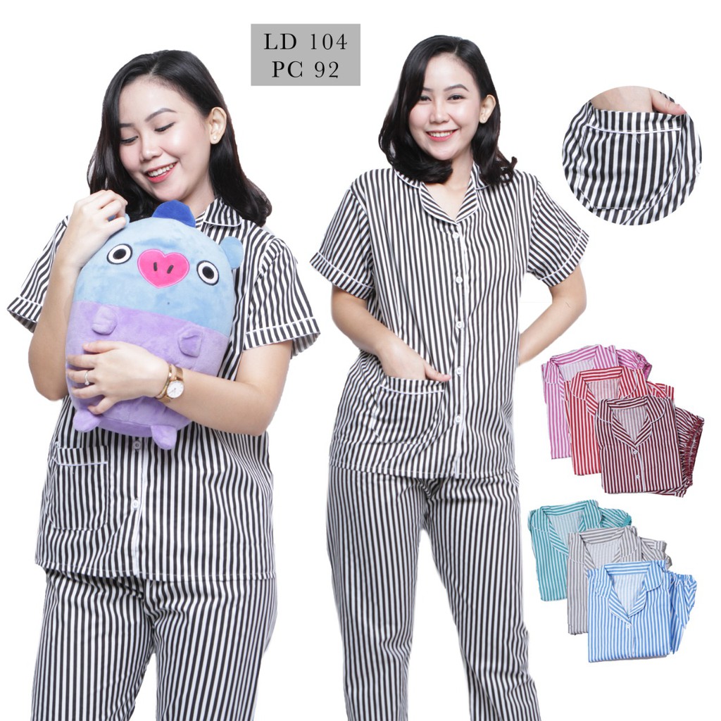 BJ-Piyama CP Wanita Dewasa Salur - Baju Tidur Lengan Pendek