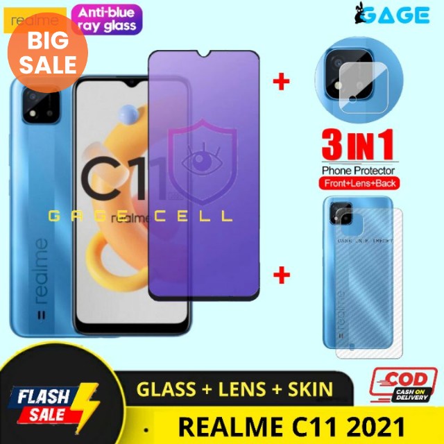 3in1 Tempered Glass Anti Blue Light Full Realme C11 2021 Tg Anti Gores Radiasi Full Layar