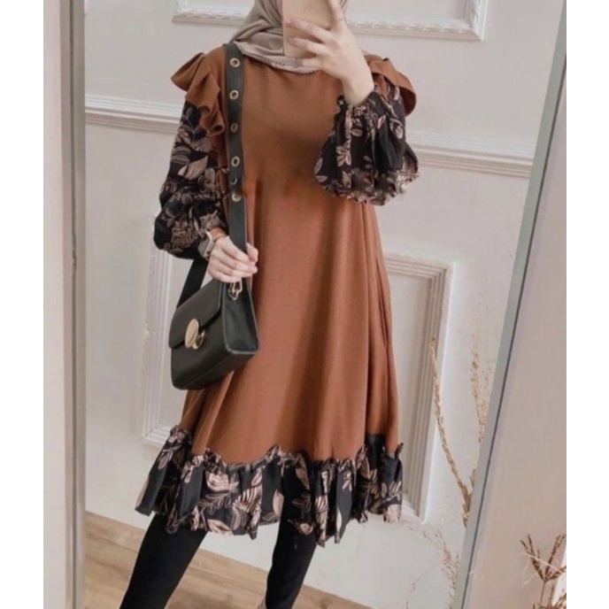 ONE SET JUMBO XXL - STANDART L / XL - ONE SET NIKEN SET / SETELAN WANITA ONE SET DAILY SET TUNIK  FASHION WANITA-ONESET SYAFIRA MOCA