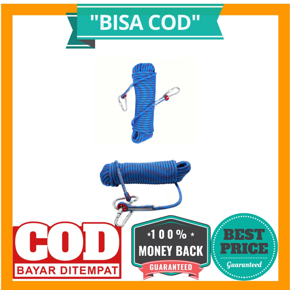 BISA COD Tali Paracord Panjang Tebing Climbing Rope 10mm 20 Meter with Steel Buckle - 24KN - Blue