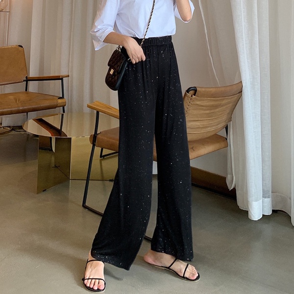 korean style celana panjang wanita high waist kasual loose hitam straight pants