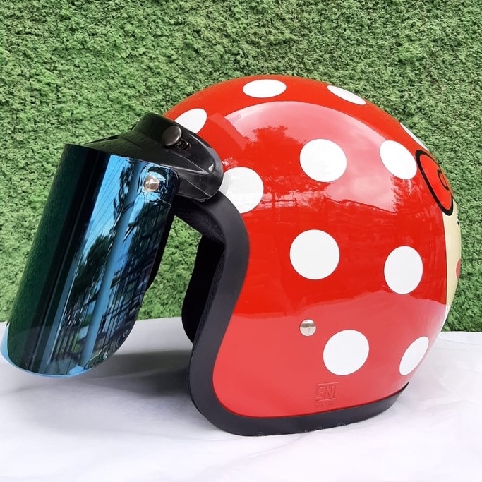 Helm Bogo Retro Dewasa Full Leher Wanita Pria Motor SNI Helm Motif Polkadot