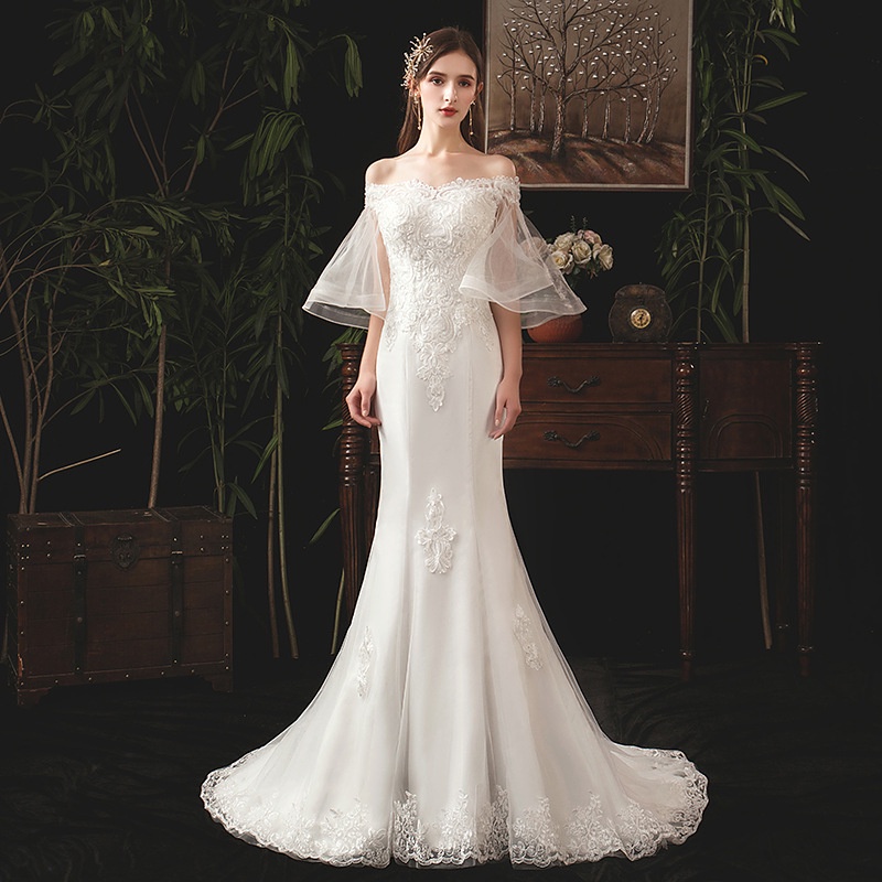 Gaun pengantin mermaid putih sayap duyung