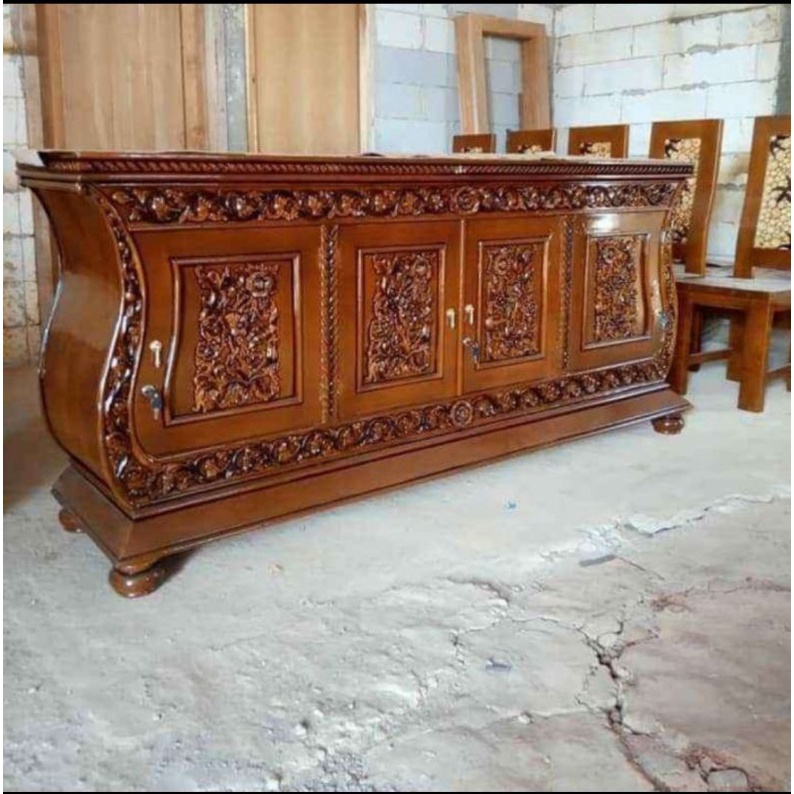 bufet tv perahu, bufet tv biola kayu jati berkualitas 2m