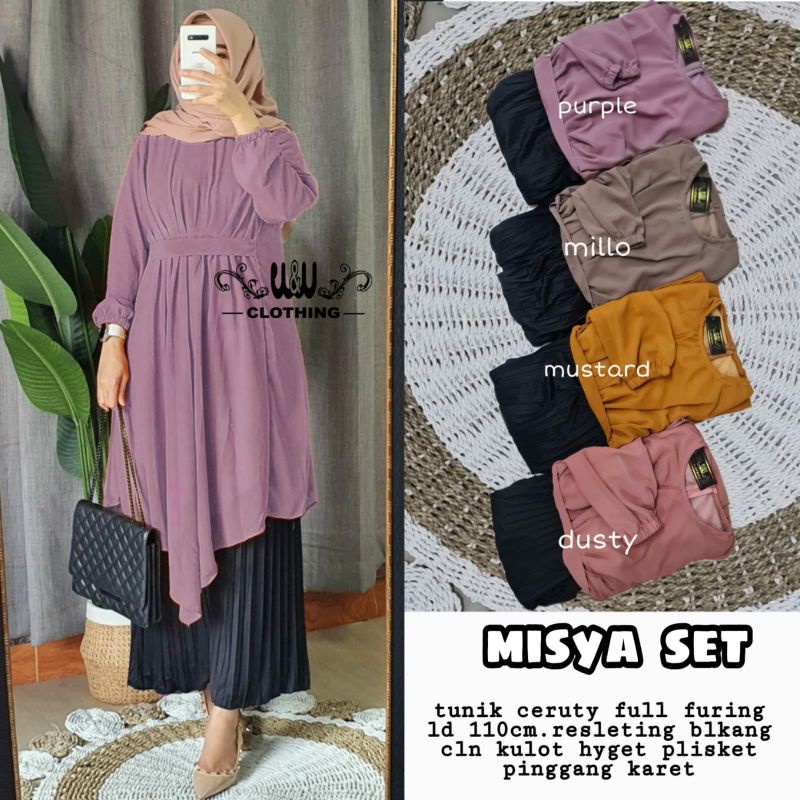 Misya set setelan wanita asimetris tunik dan rok plisket