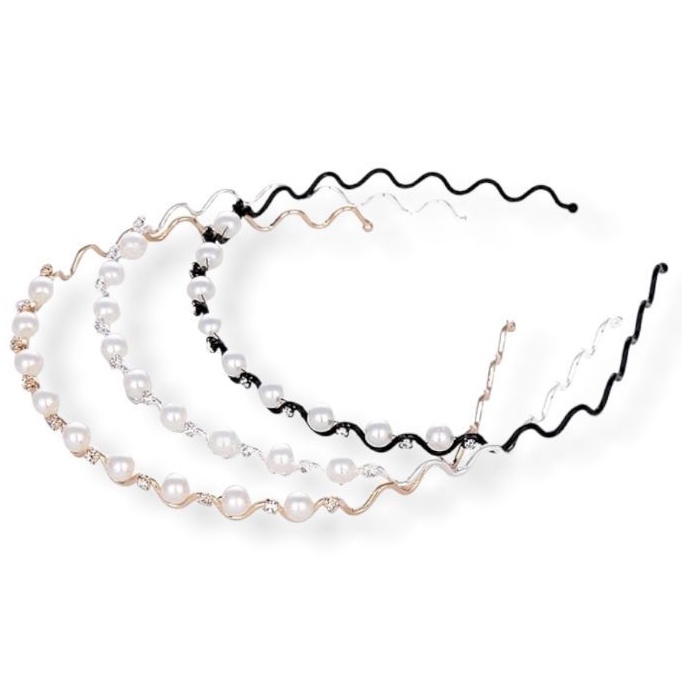 Bando Korea Mutiara Diamond Crystal Zircon Luxury Wave Korean Pearl Kristal Headband Hairband Headpiece Zigzag
