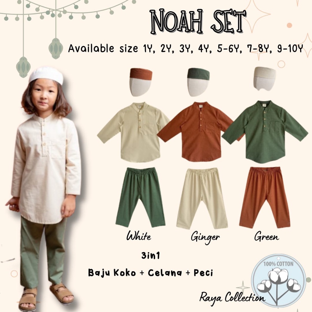 Bohopanna Noah Koko Set 1-10 Tahun Setelan Koko Lebaran / Koko Celana Peci Raya / Pakaian Muslim CBKS