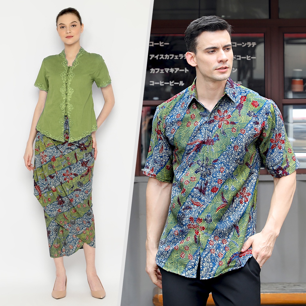 BATIK COUPLE MODERN Kemeja Rok Lilit Instan Batik Pria Lengan Pendek Premium Motif Elegant Warna Biru 721079 CAP 72