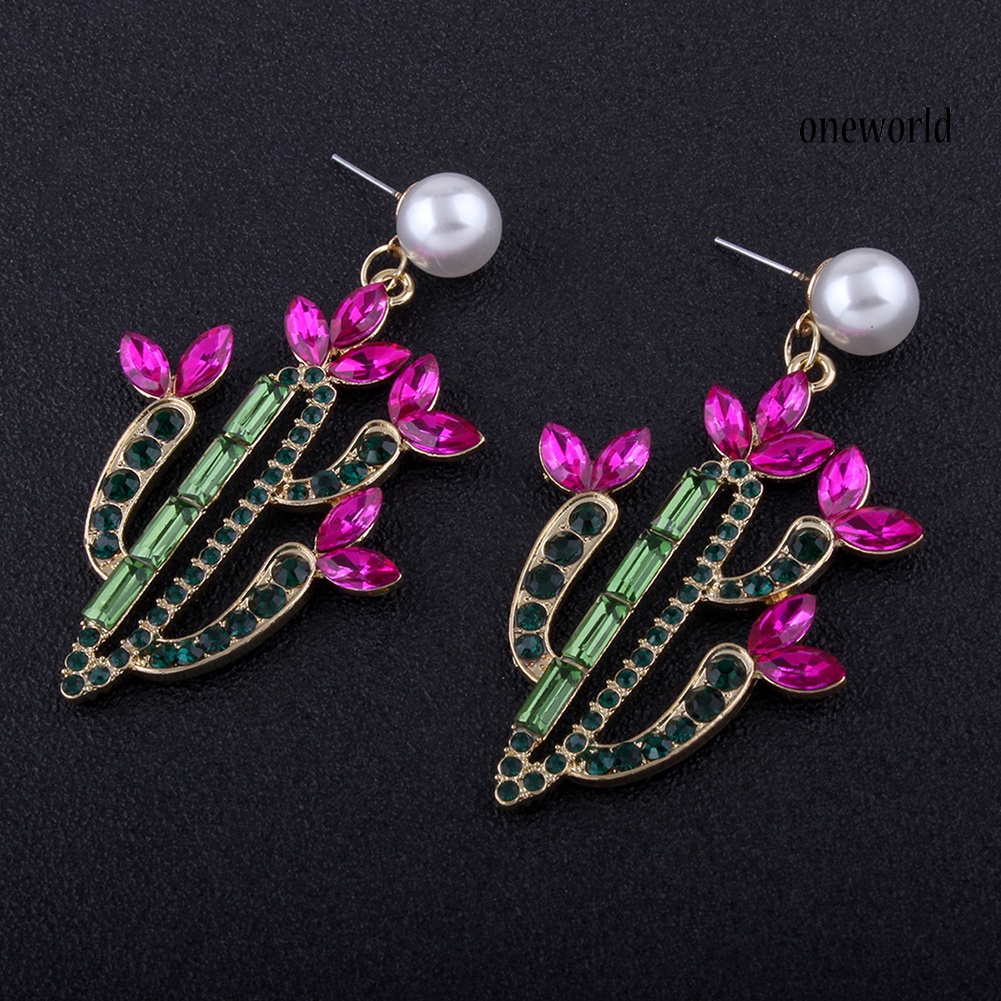 OW@ Women Colorful Rhinestone Cactus Faux Pearl Charm Statement Stud Earrings Gift