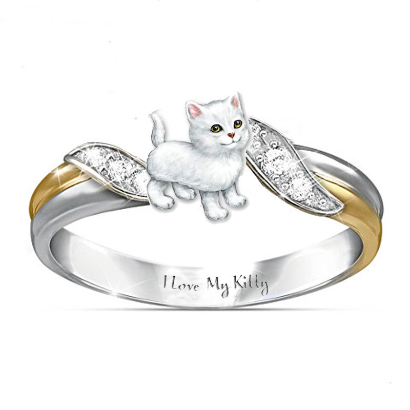 Cincin Zircon Electroplated Desain Kucing Tulisan I Love My Kitty Two-tone