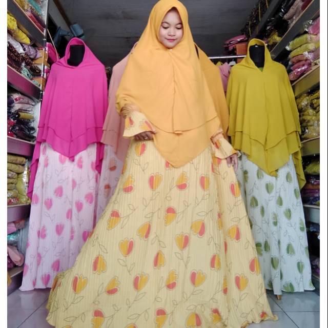 SET GAMIS SYARI BAJU MUSLIM PLISKET MONALISA MOTIF KHIMAR CERUTY BABY DOLL PET ANTEM JUMBO BUSUI ORI